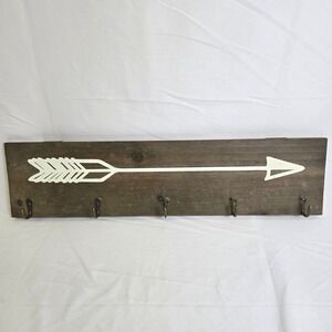 Rustic Wood Wall Mounted Coat/Key Rack, Arrow Design, 5 Metal Hooks, 23.5"x5.75"